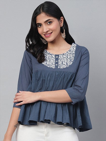 Ada Hand Embroidered Blue Cotton Lucknowi Chikankari Top A911110
