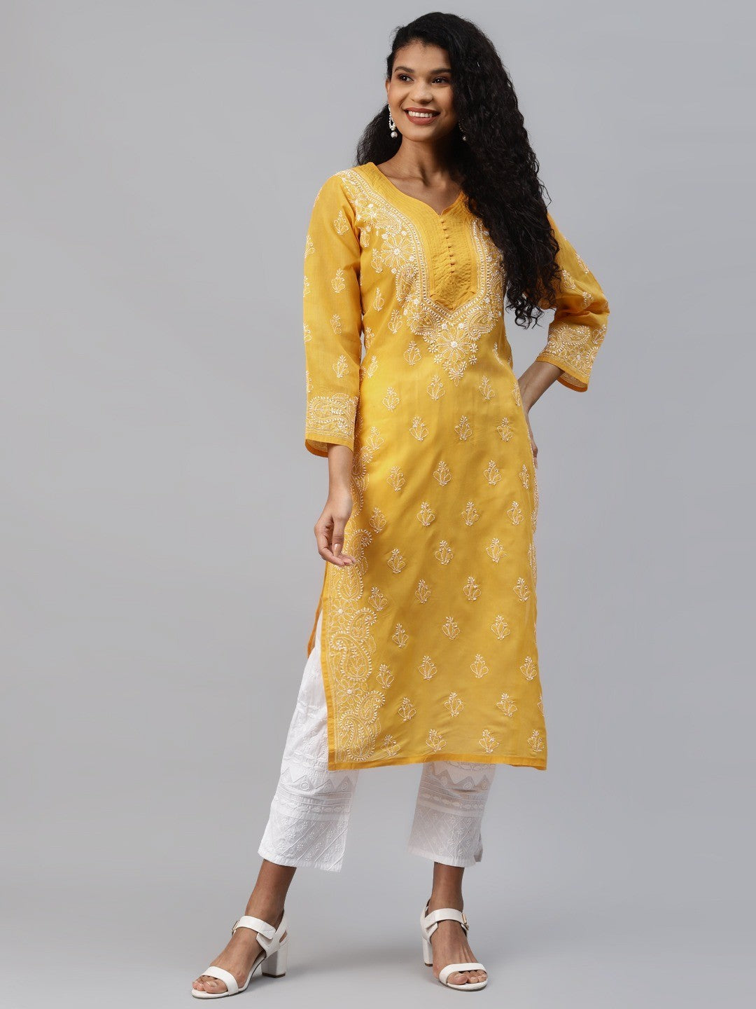 Ada Hand Embroidered Mustard Cotton Lucknow Chikankari Straight Kurta A263262