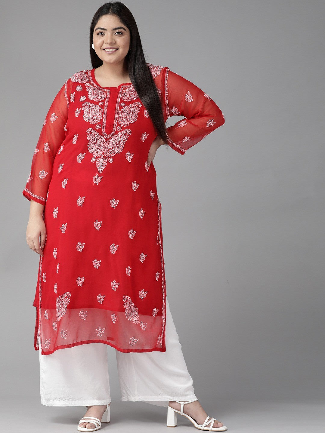 Ada Hand Embroidered Red Georgette Lucknowi Chikankari Straight Kurta With Slip A411289