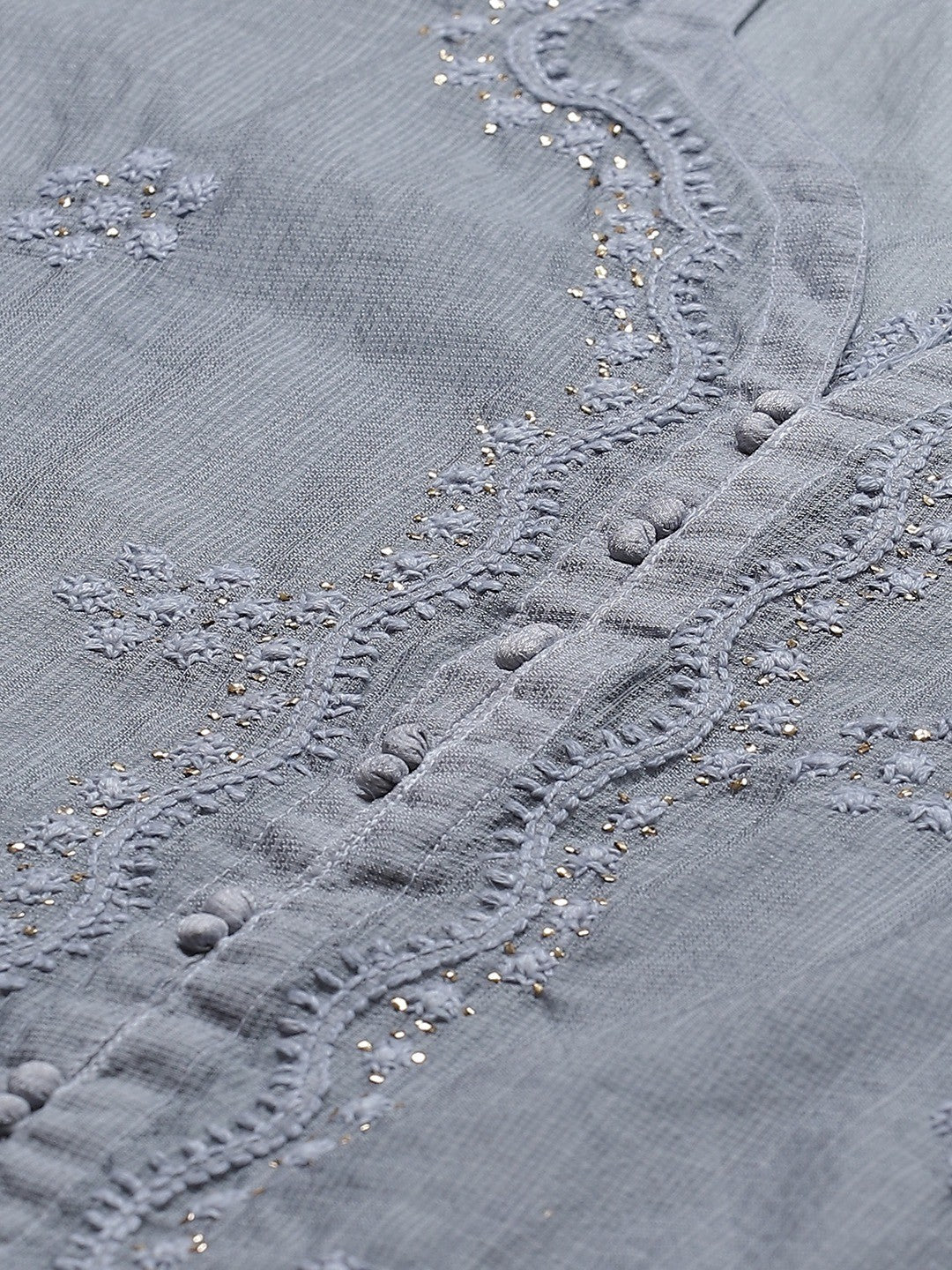 Ada Hand Embroidered Grey Kota Lucknowi Chikan Straight Kurta/Slip with Muqaish Work A411125