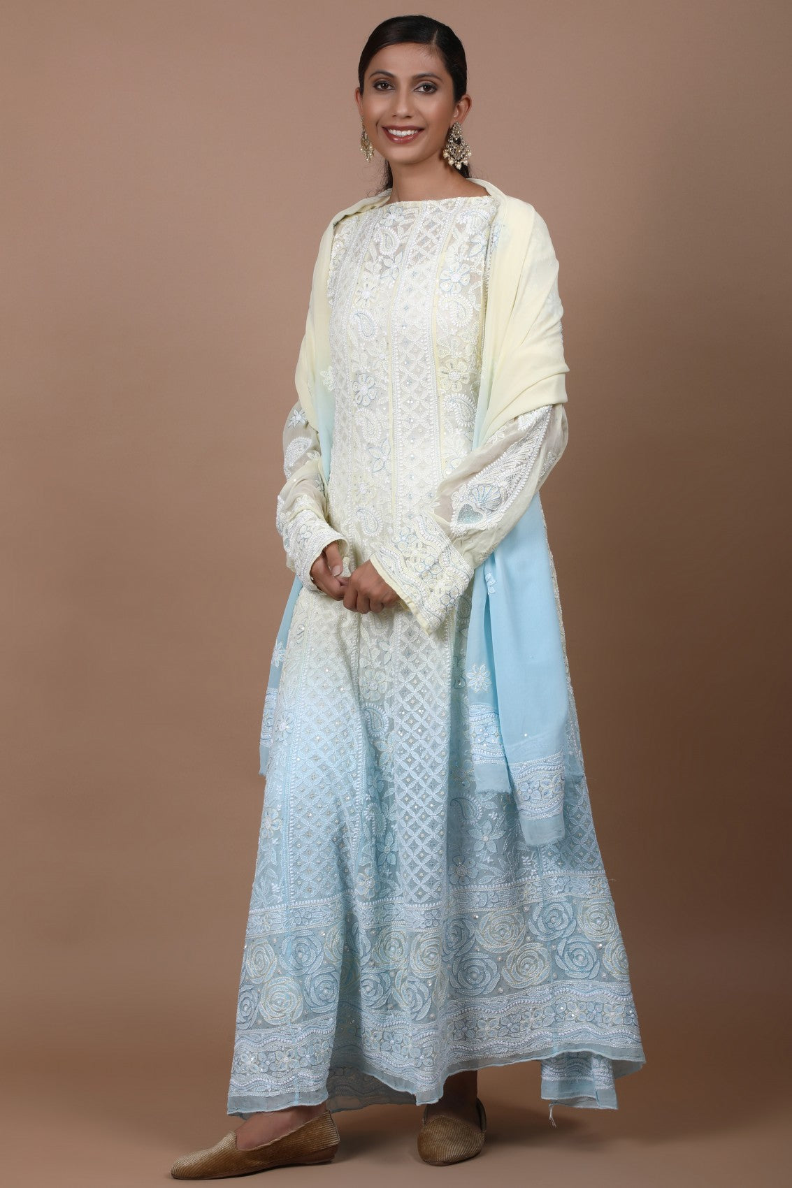 Ada Hand Embroidered Dual Shade Lemon And Blue Pure Georgette Lucknowi Chikankari Semi-Stitched Anarkali Kurta Dupatta Set With Cutdana Work 01A255942