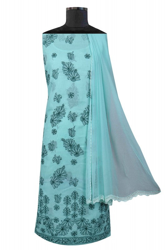 Ada Hand Embroidered Sea Green Cotton Lucknowi Chikan Unstitched Suit Piece A347806