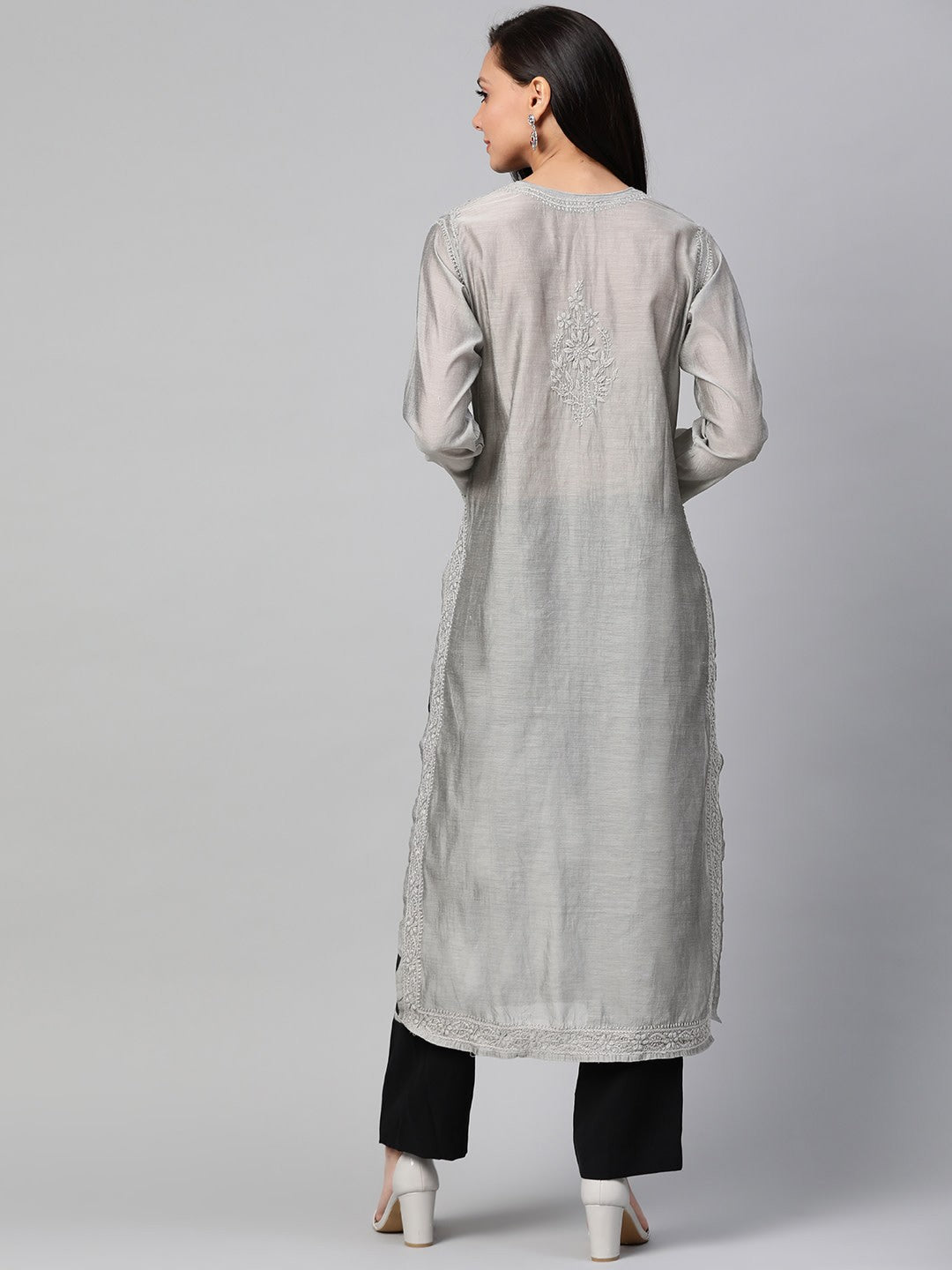 Ada Hand Embroidered Grey Chanderi Lucknowi Chikankari Straight Kurta - A100477