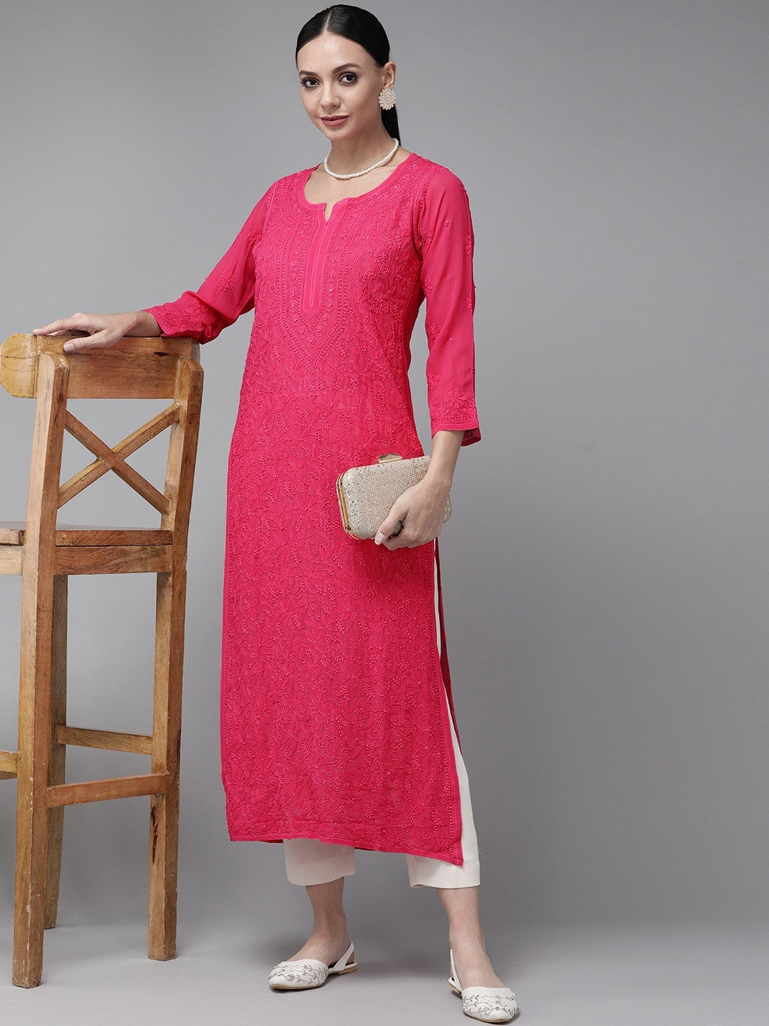Ada Hand Embroidered Magenta Georgette Lucknowi Chikankari Straight Kurta A411335