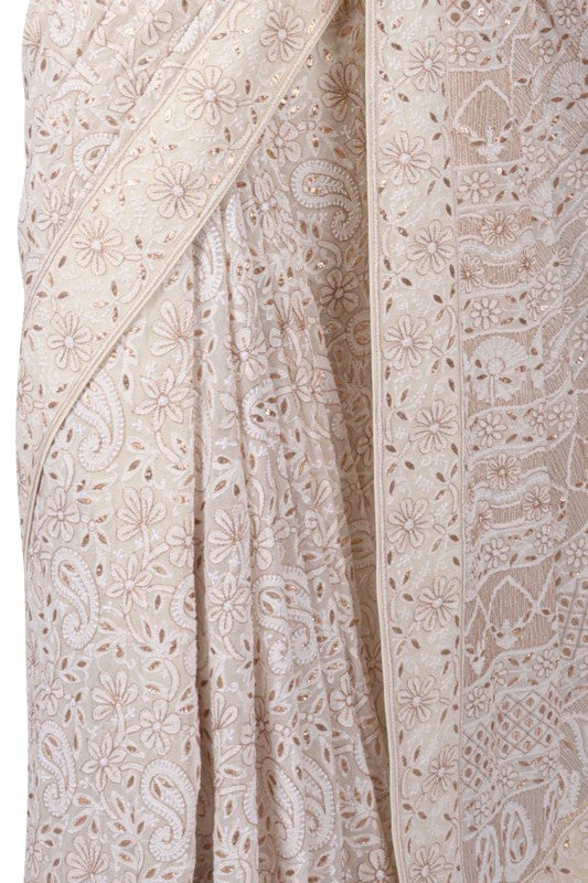 Ada Hand Embroidered White Pure Georgette Lucknowi Chikankari Saree/Blouse with Zari Work A612189