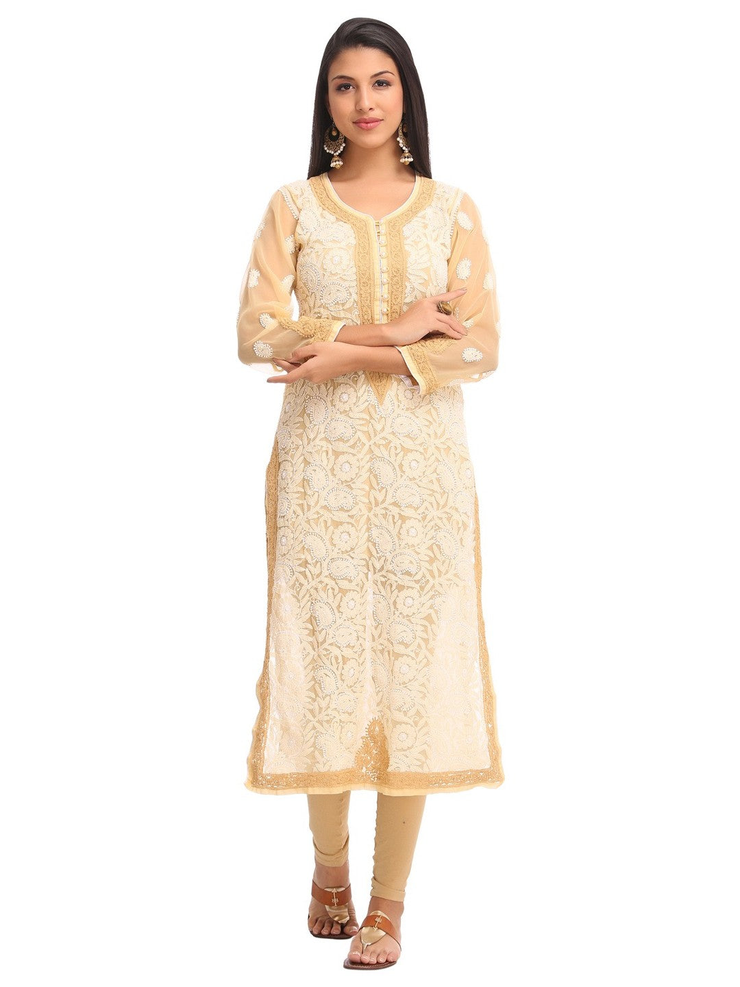 Ada Hand Embroidered Fawn Georgette Lucknowi Chikankari Straight  Kurta with Slip A246735