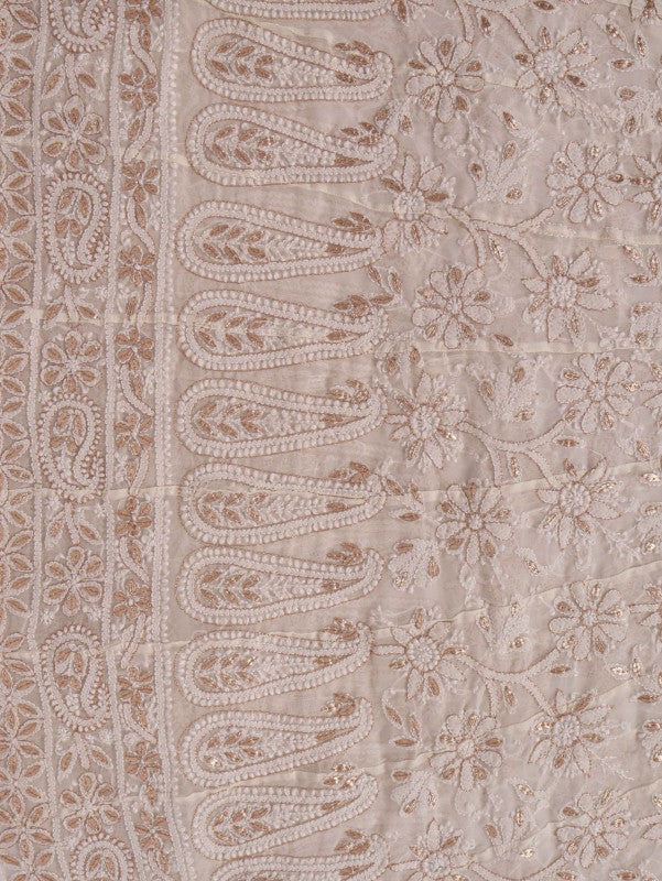 Ada Hand Embroidered White Georgette Lucknowi Chikan Unstitched Anarkali Set with Gota Patti Work A376108