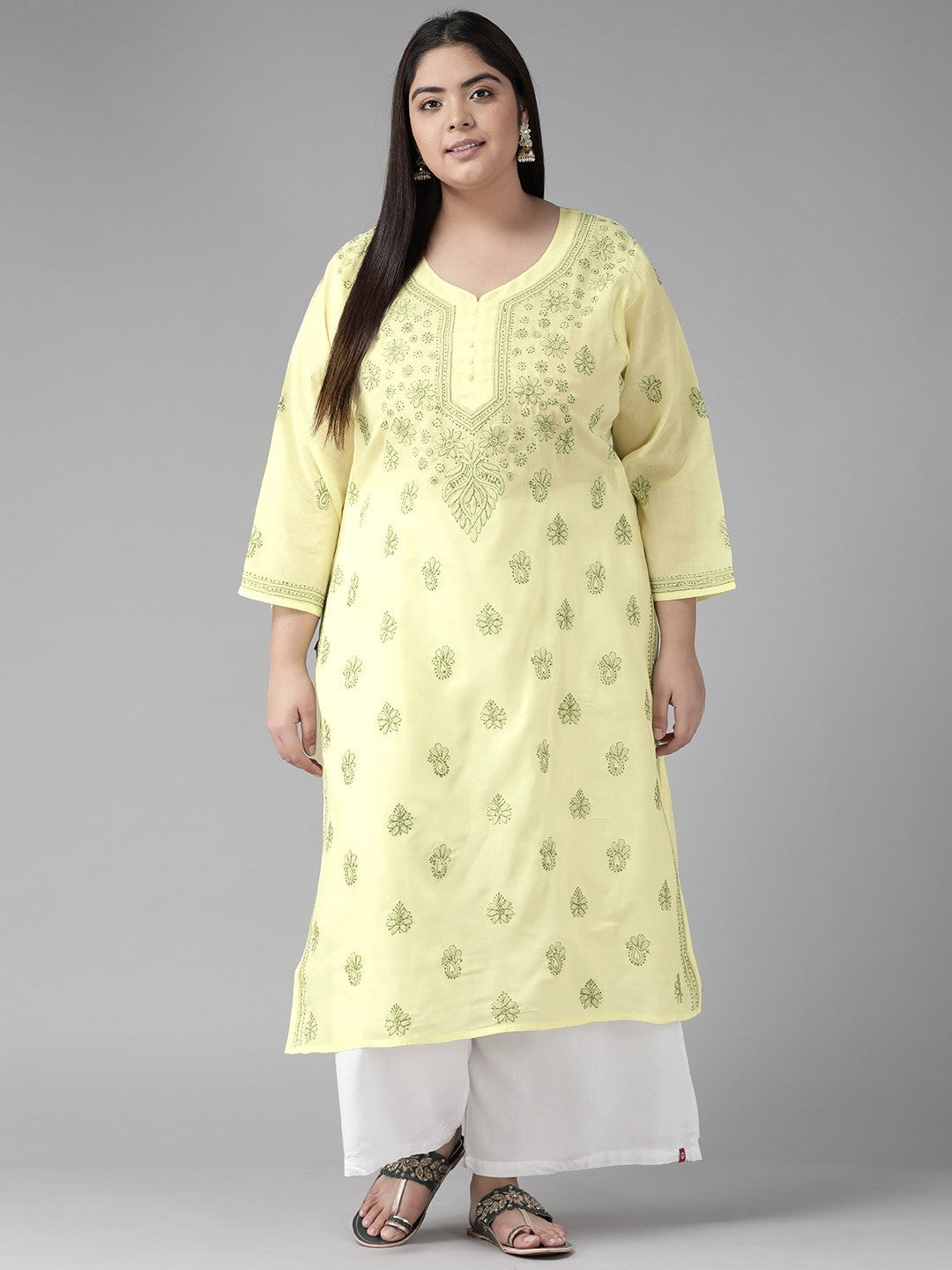 Ada Hand Embroidered Lemon Cotton Lucknowi Chikankari Straight Kurta A275710