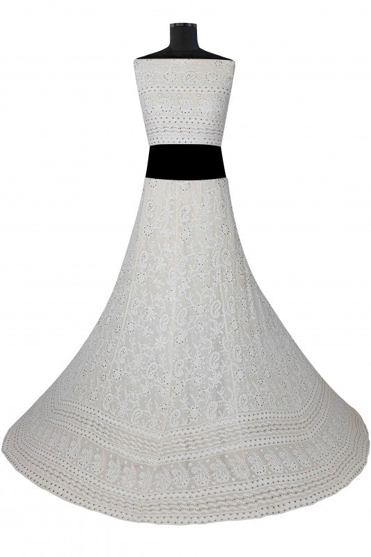 Ada Hand Embroidered Off White Pure Georgette Lucknowi Chikankari Lehenga Set With Muqaish Work A578276