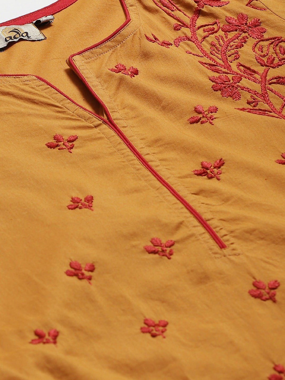 Ada Hand Embroidered Mustard Cotton Lucknowi Chikankari Straight Kurta With Trouser Set A811131