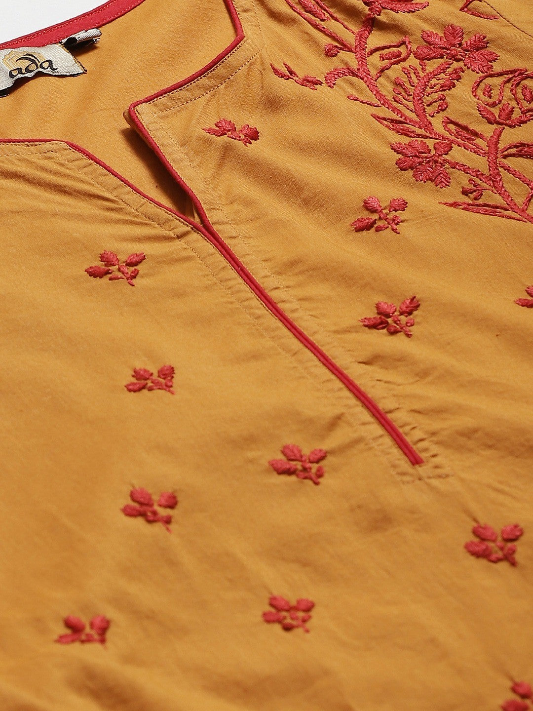 Ada Hand Embroidered Mustard Cotton Lucknowi Chikankari Straight Kurta With Trouser Set A811131