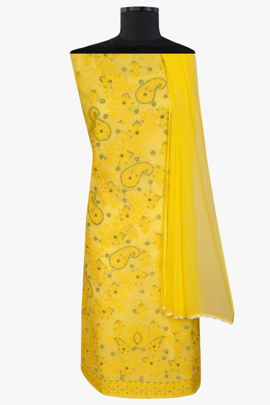 Ada Hand Embroidered Yellow Cotton Lucknowi Chikan Unstitched Suit Piece-A211119