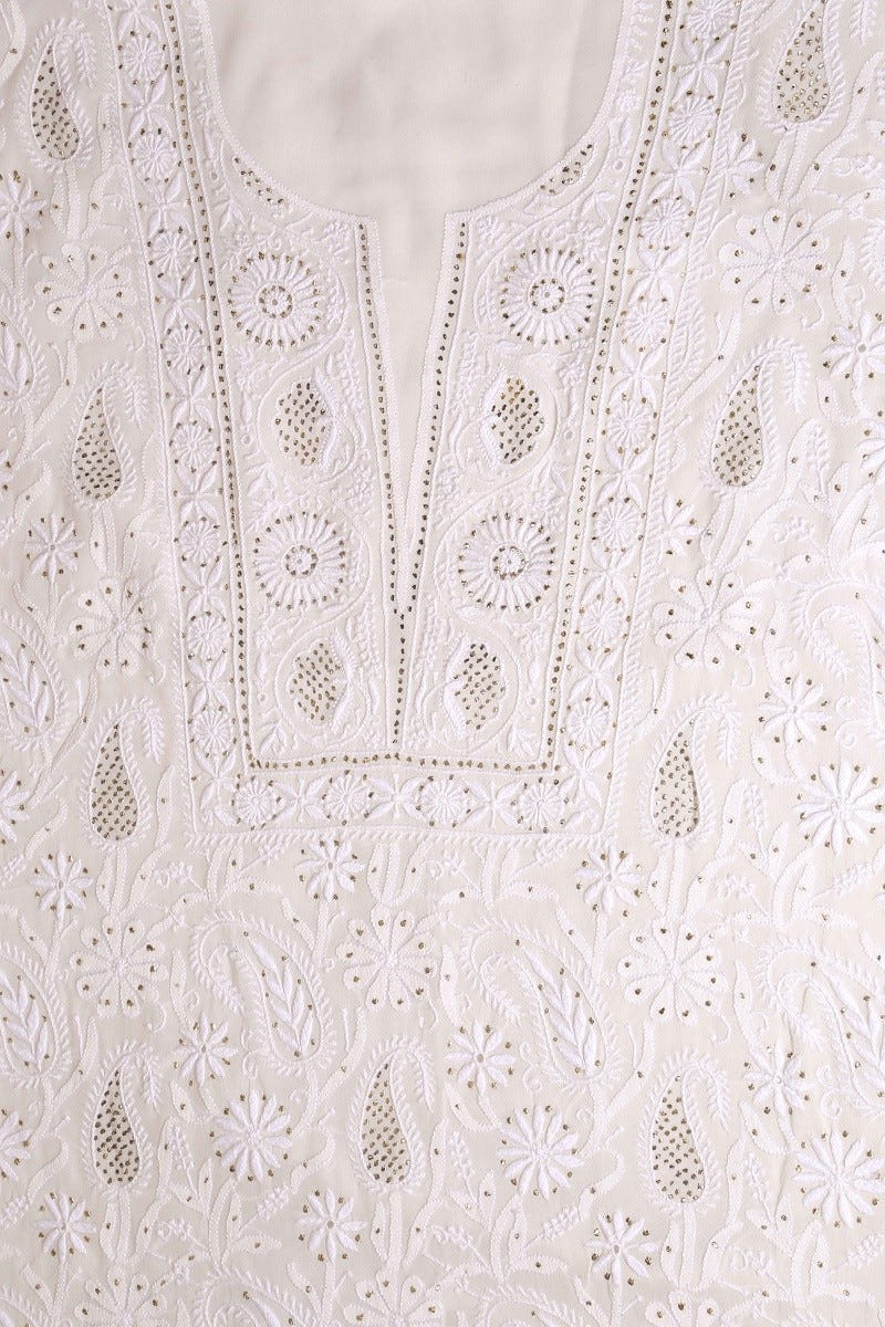 Ada Hand Embroidered White Pure Georgette Lucknowi Chikan Unstitched Kurta Dupatta Set With Muqaish Work - A482567