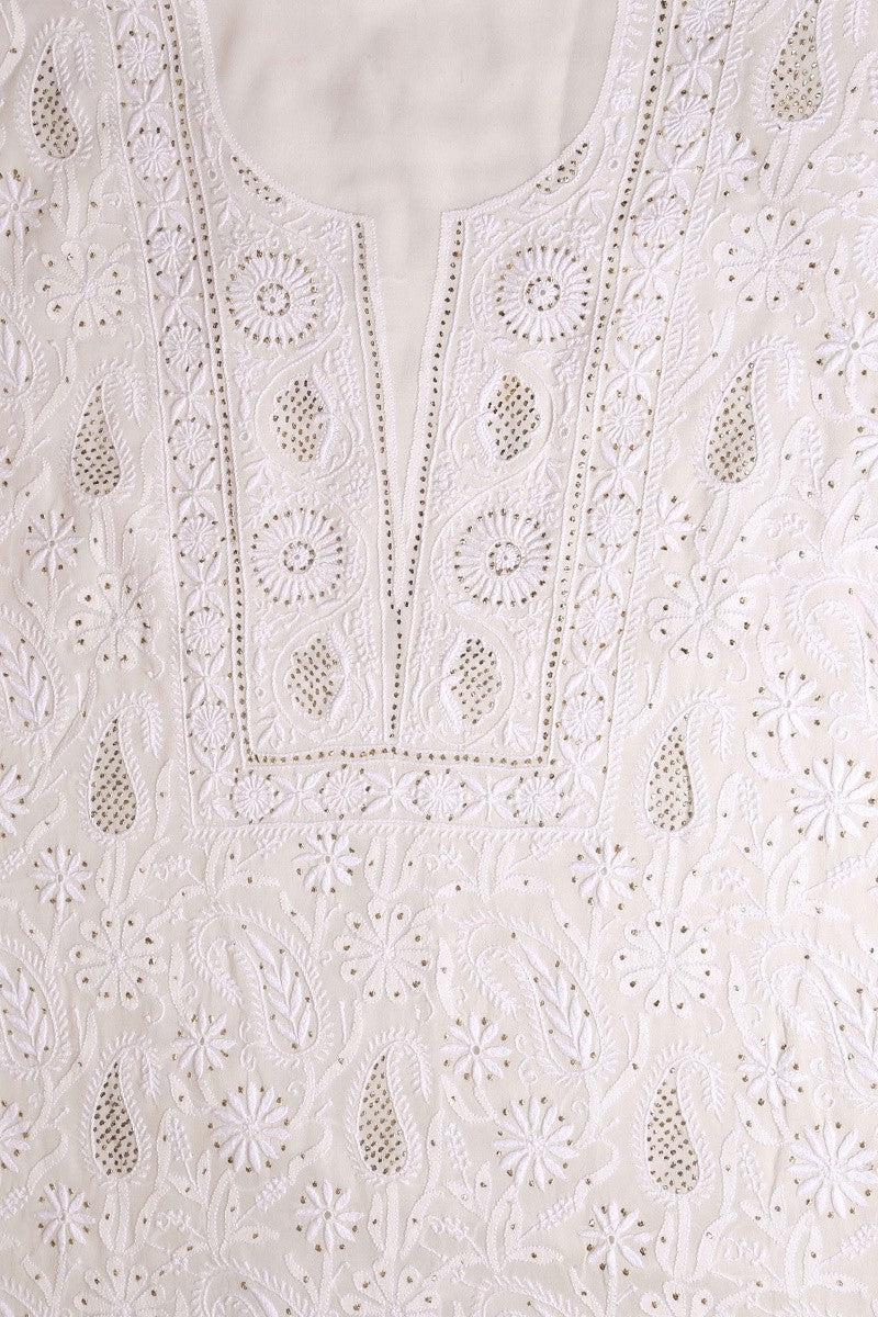 Ada Hand Embroidered White Pure Georgette Lucknowi Chikan Unstitched Kurta Dupatta Set With Muqaish Work - A482567