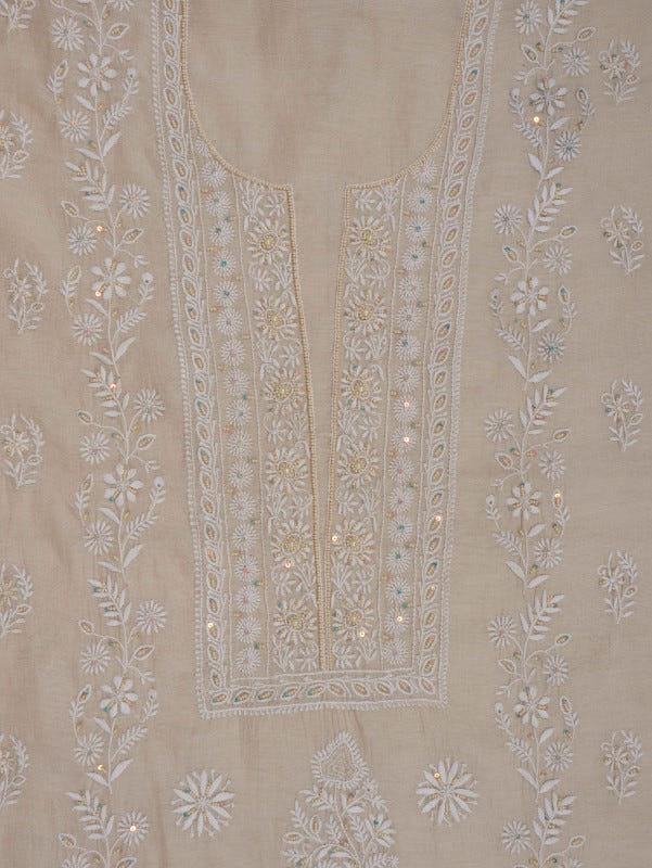 Ada Hand Embroidered Natural Fawn Tissue Lucknowi Chikankari Unstitched Kurta Dupatta Set With Pearl Work 01A193516