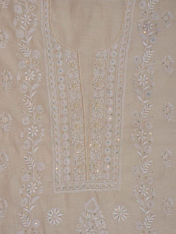 Ada Hand Embroidered Natural Fawn Tissue Lucknowi Chikankari Unstitched Kurta Dupatta Set With Pearl Work 01A193516