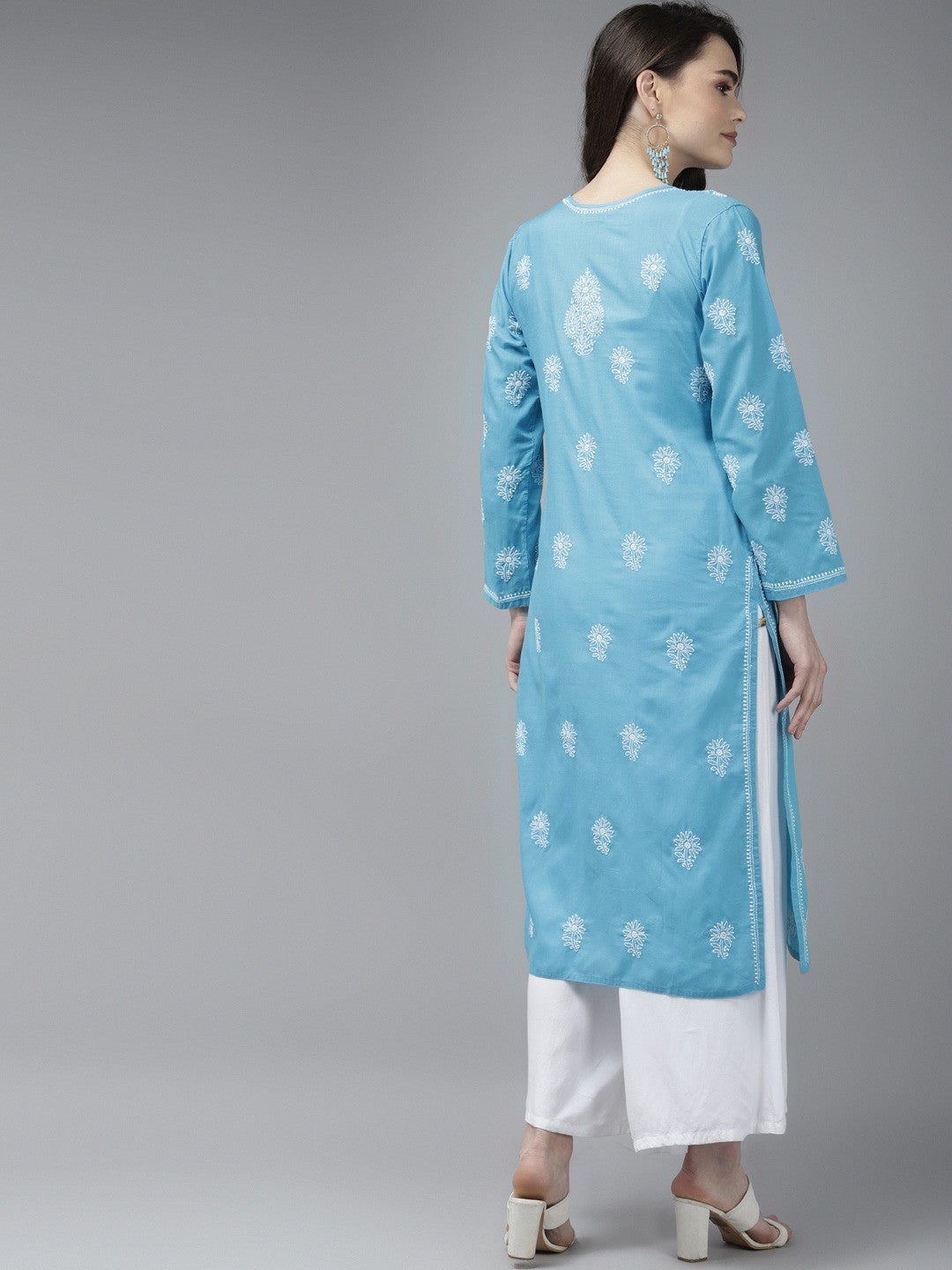 Ada Hand Embroidered Blue Cotton Lucknow Chikankari Straight Kurta A125566