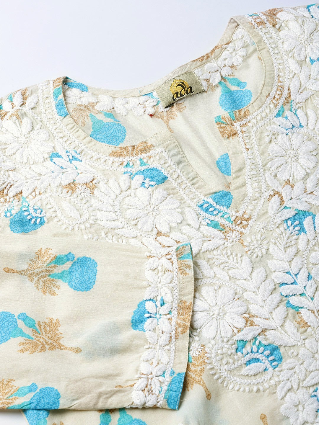 Ada Hand Embroidered Fawn Blue Cotton Lucknow Chikankari Kurta- A100028