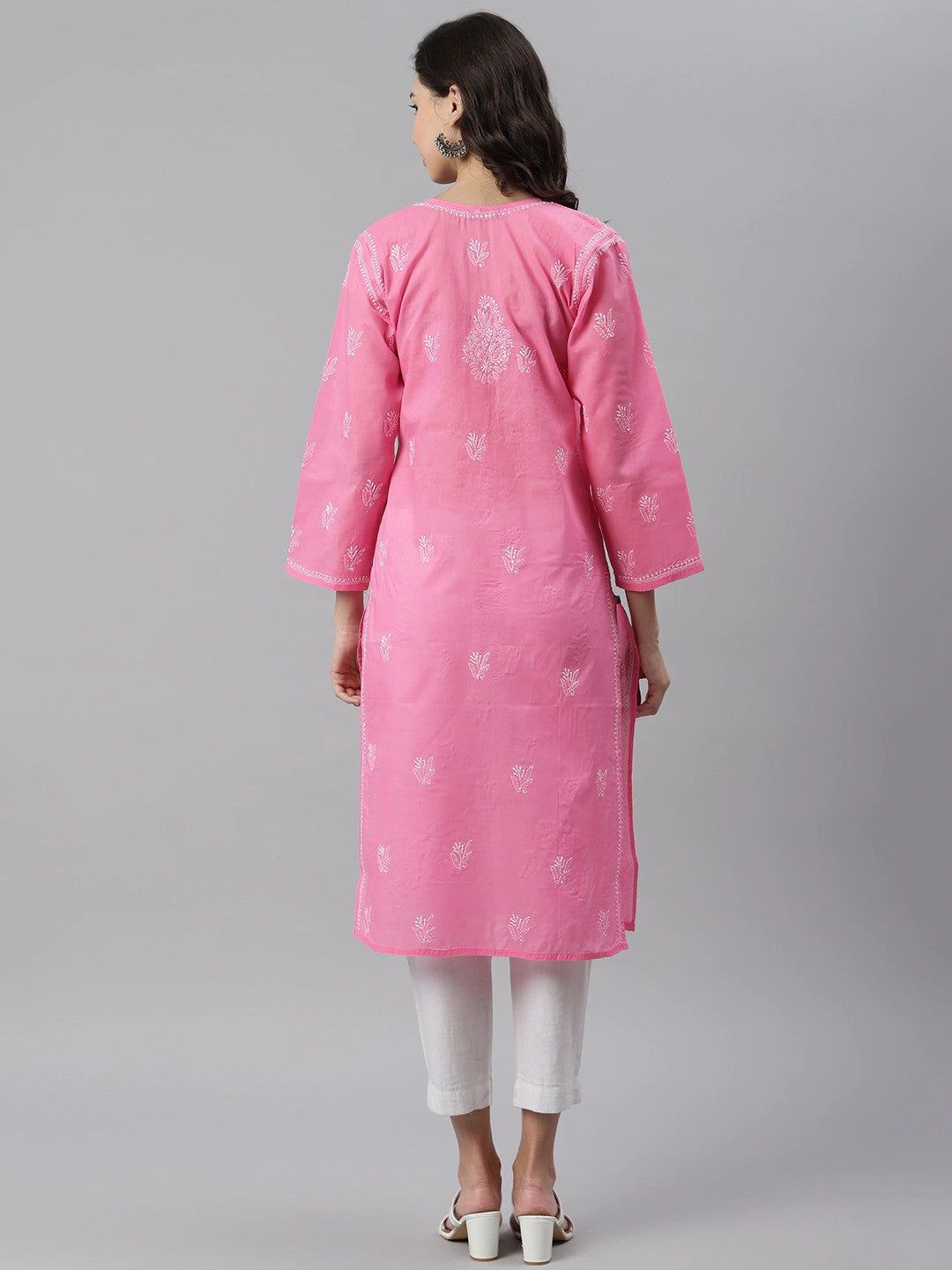 Ada Hand Embroidered Pink Cotton Lucknowi Chikankari Straight Kurta A133537