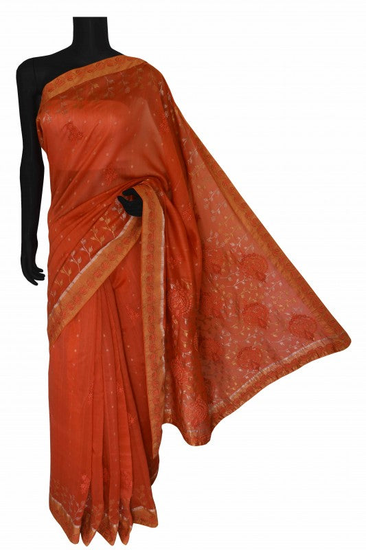 Ada Hand Embroidered Rust Chanderi Lucknowi Chikankari Saree With Blouse A291932