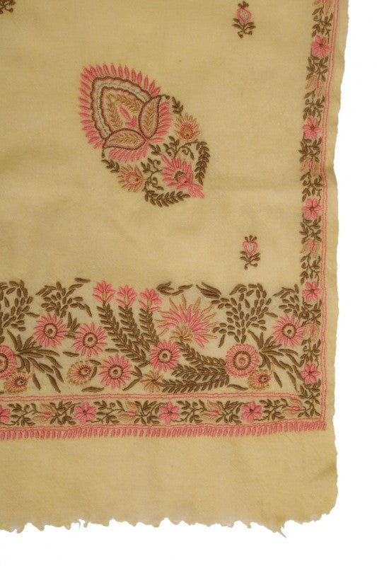 Ada Hand Embroidered Custard Cream Lucknow Chikankari Woolen Stole A222653
