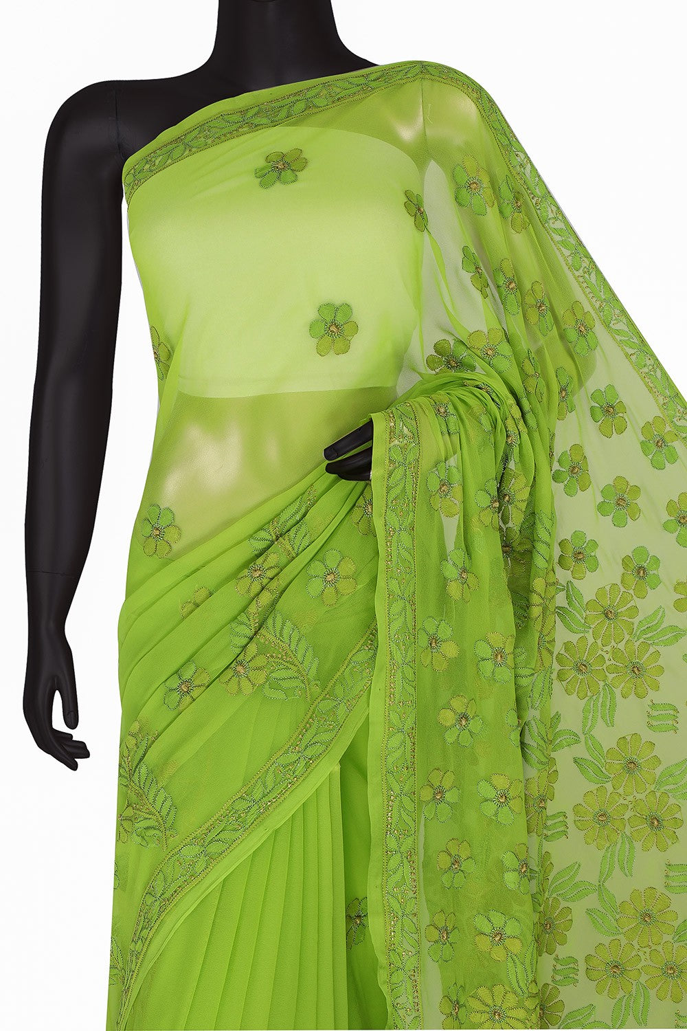 Ada Hand Embroidered Pear Green Georgette Lucknowi Chikankari Saree with Blouse A630395