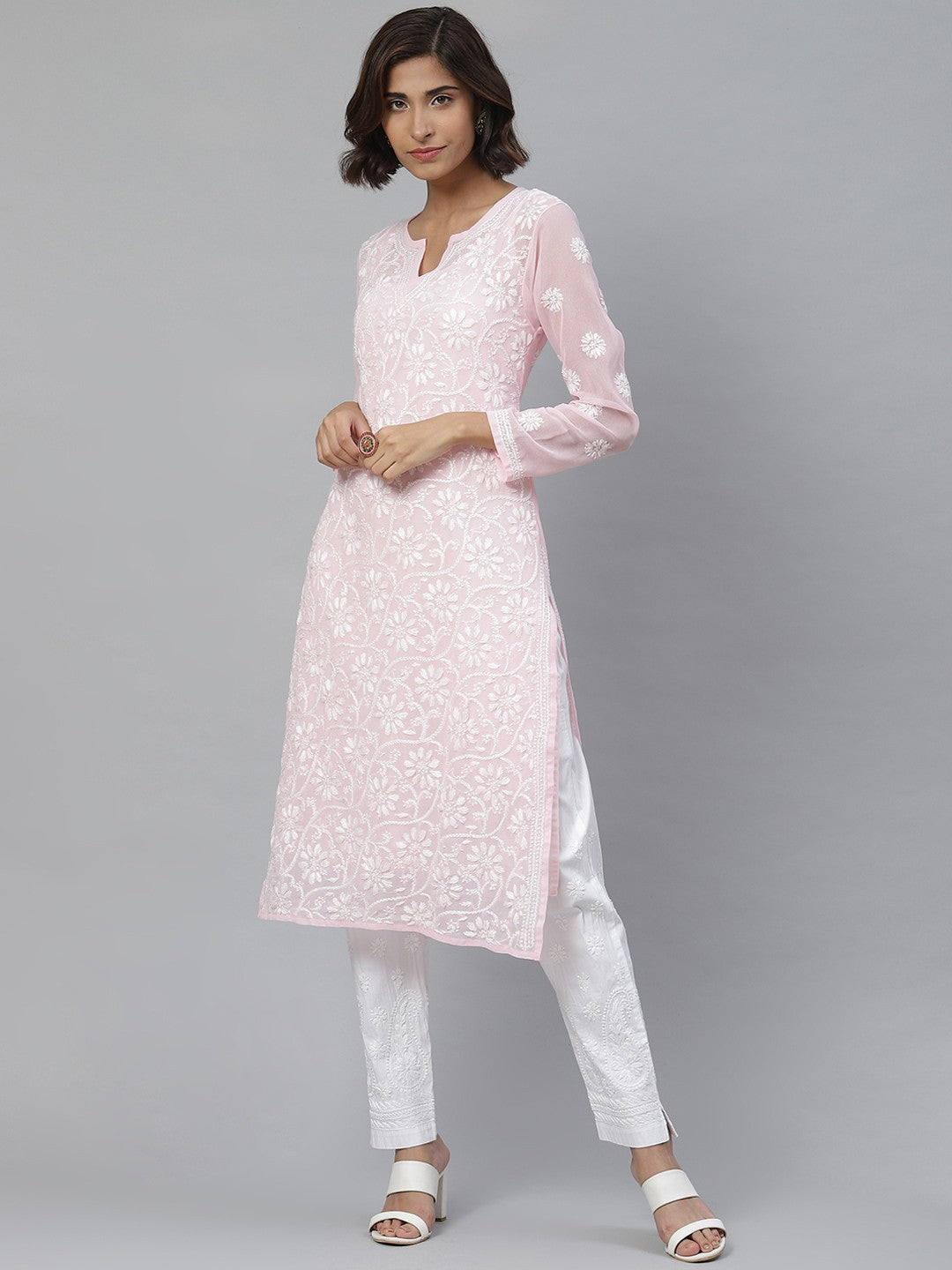Ada Hand Embroidered Pink and White Georgette Lucknowi Chikankari Kurta Set with Slip A811121