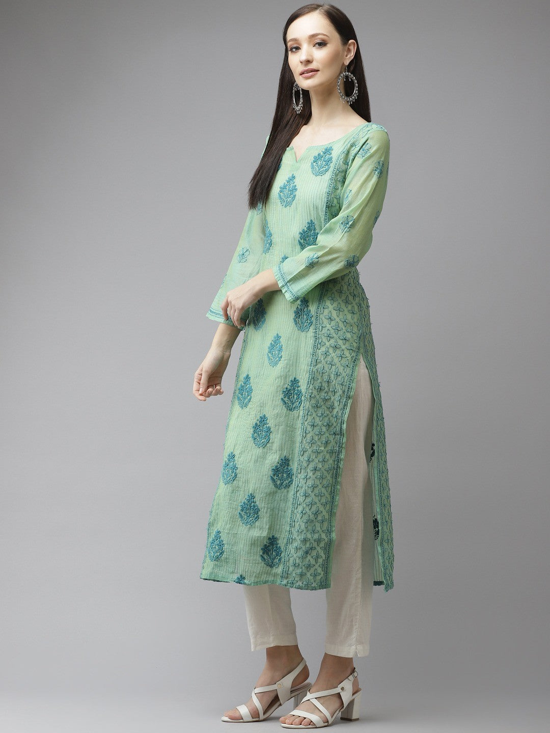 Ada Hand Embroidered Sea Green Chanderi Lucknow Chikankari Kurta-A411315