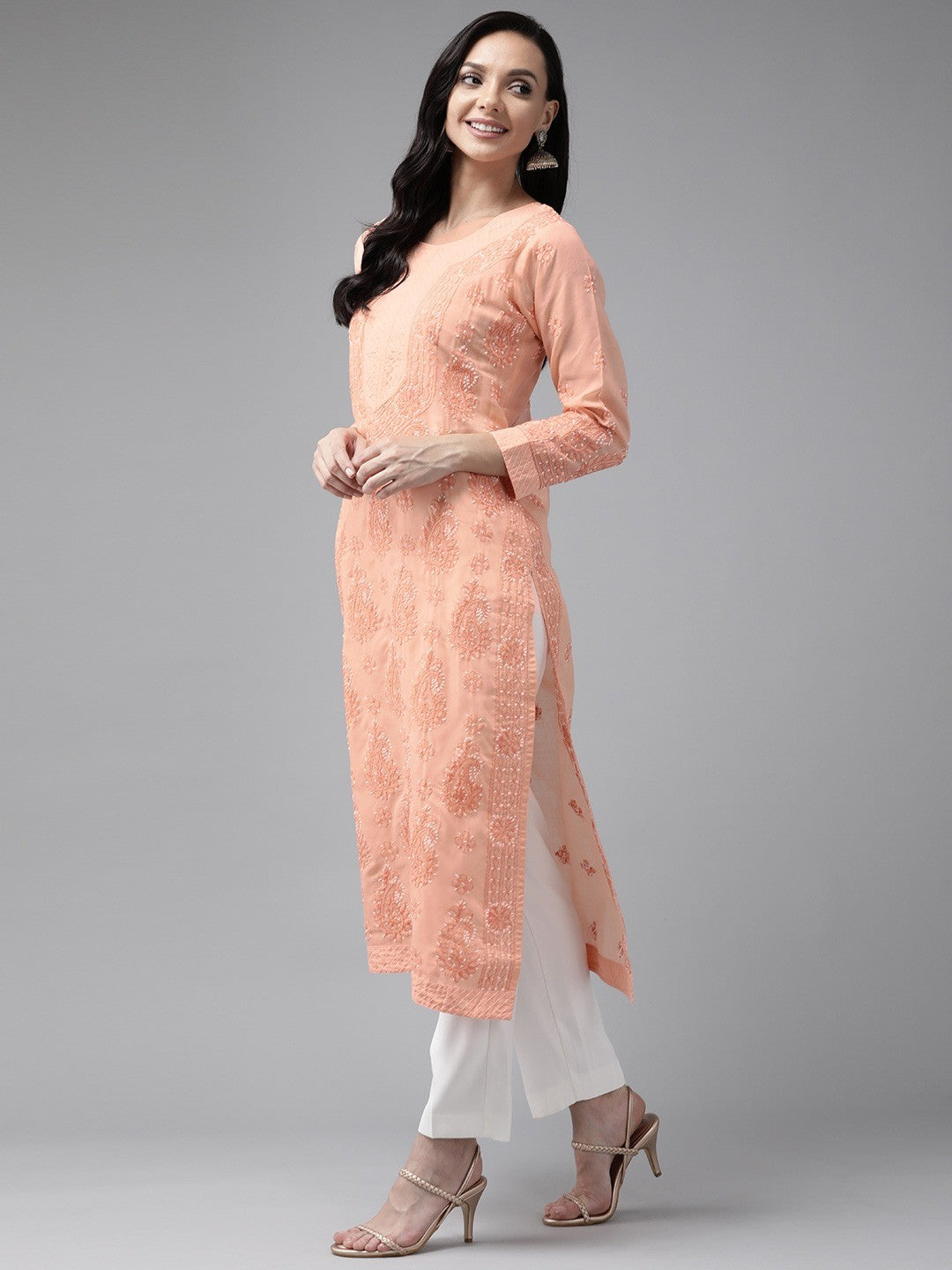 Ada Hand Embroidered Peach Cotton Lucknow Chikankari Straight Kurta A233843