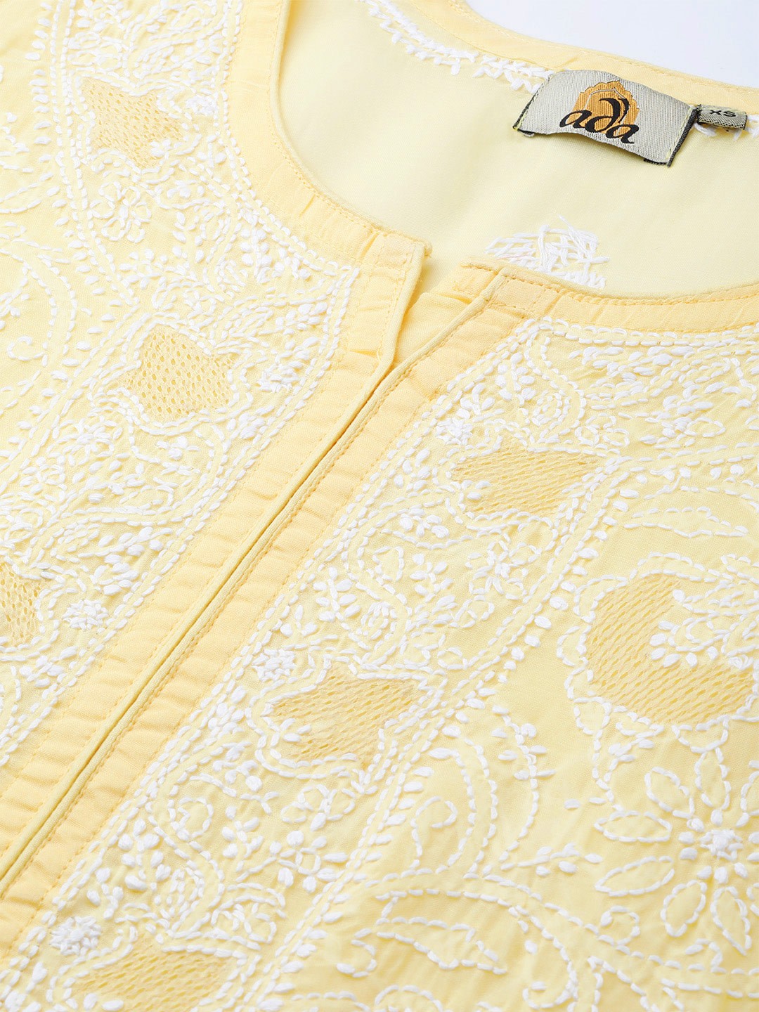 Ada Hand Embroidered Yellow Cotton Lucknowi Chikankari Straight Kurta A100538