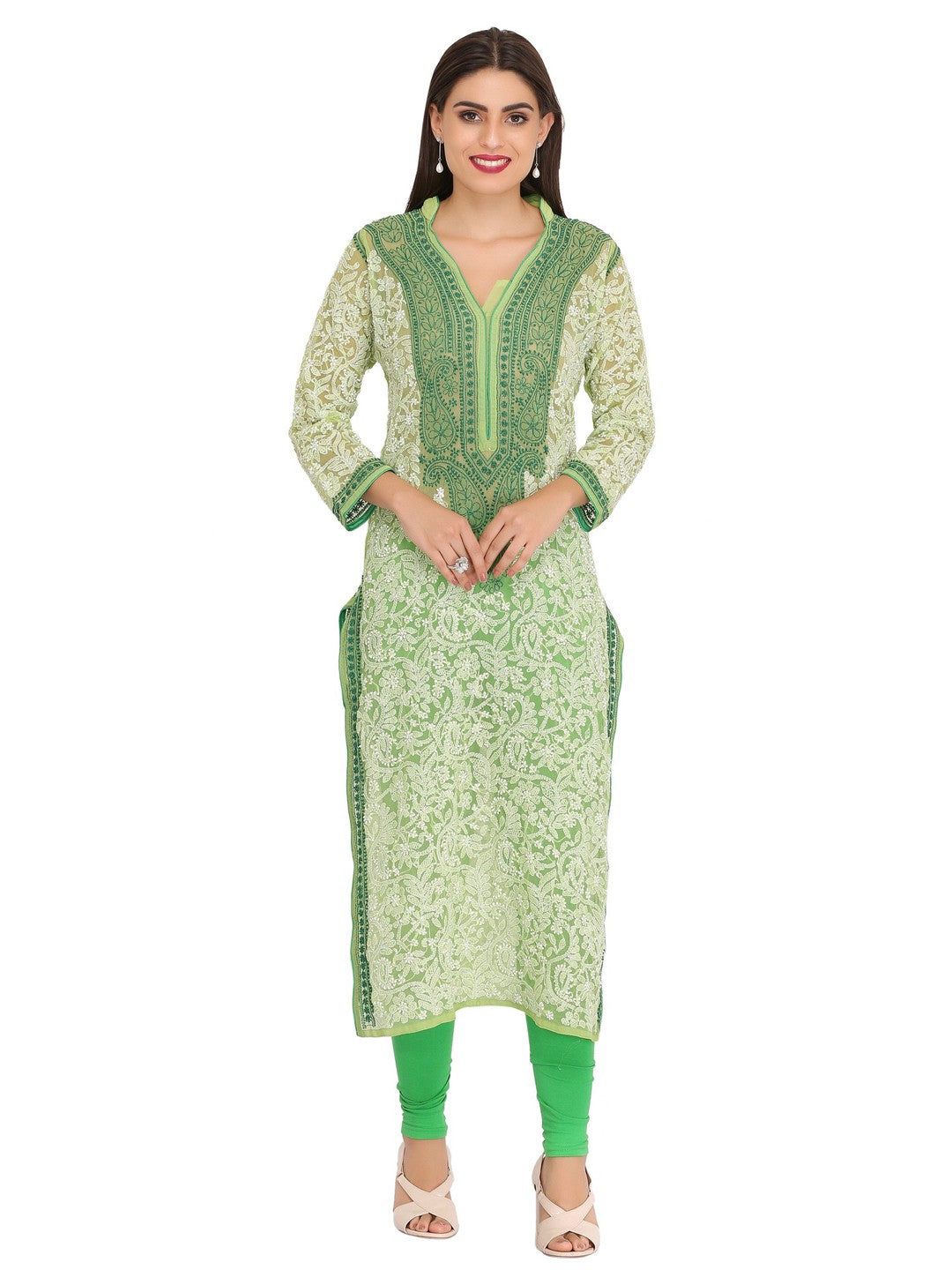 Ada Hand Embroidered Green Georgette Lucknow Chikan Kurti A274245