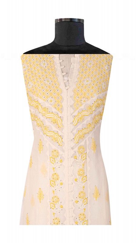 Ada Hand Embroidered White Chanderi Lucknowi Chikankari Unstitched Kurta Dupatta Set With Muqaish Work A326791