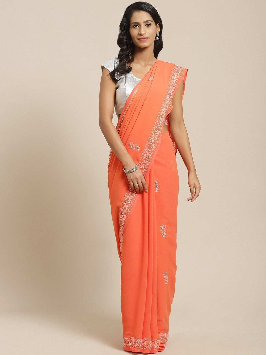 Ada Hand Embroidered Orange Georgette Lucknow Chikan Saree With Blouse- A311134