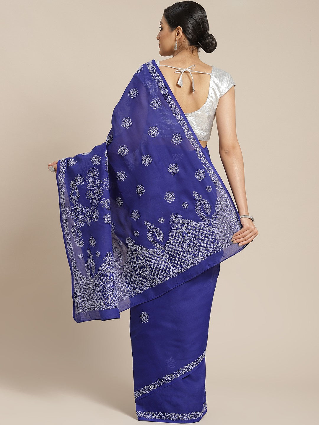 Ada Hand Embroidered Royal Blue Cotton Lucknow Chikan Saree With Blouse A311153