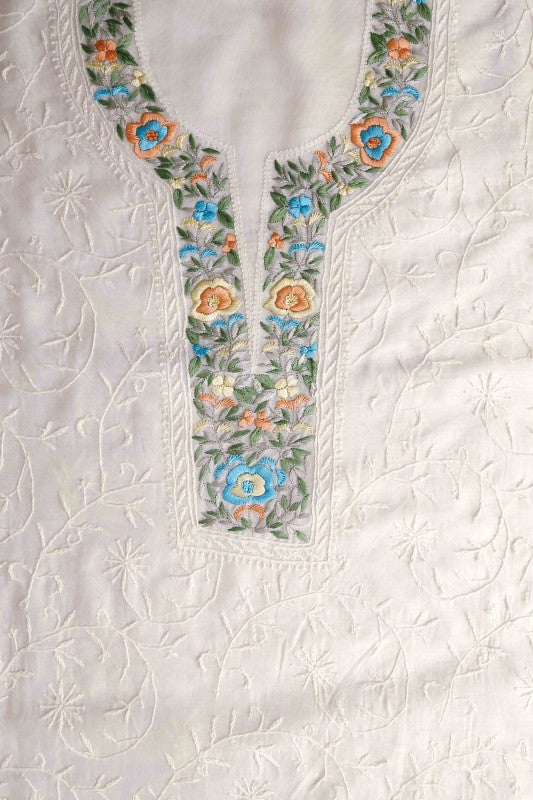 Ada Hand Embroidered Off White Chanderi Lucknowi Chikan Unstitched Kurta Dupatta–A610362