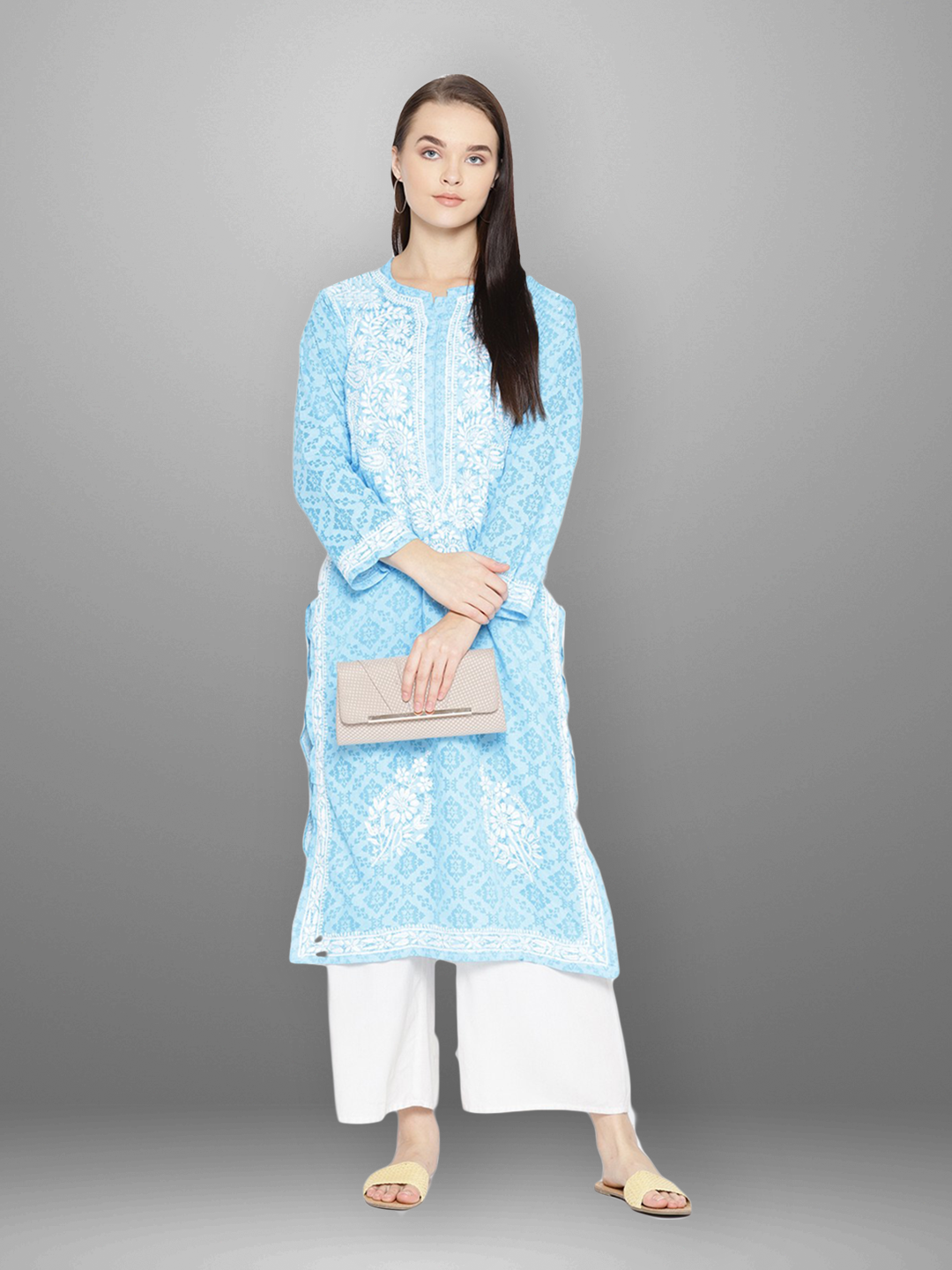 Ada Hand Embroidered Blue Cotton Lucknowi Chikankari Straight Kurta A100107