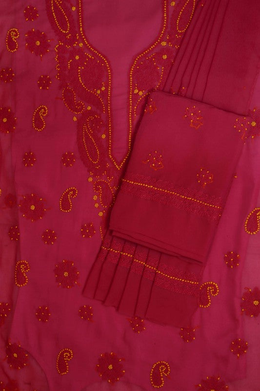 Ada Hand Embroidered Magenta Georgette Lucknowi Chikankari Unstitched Suit Piece A211187