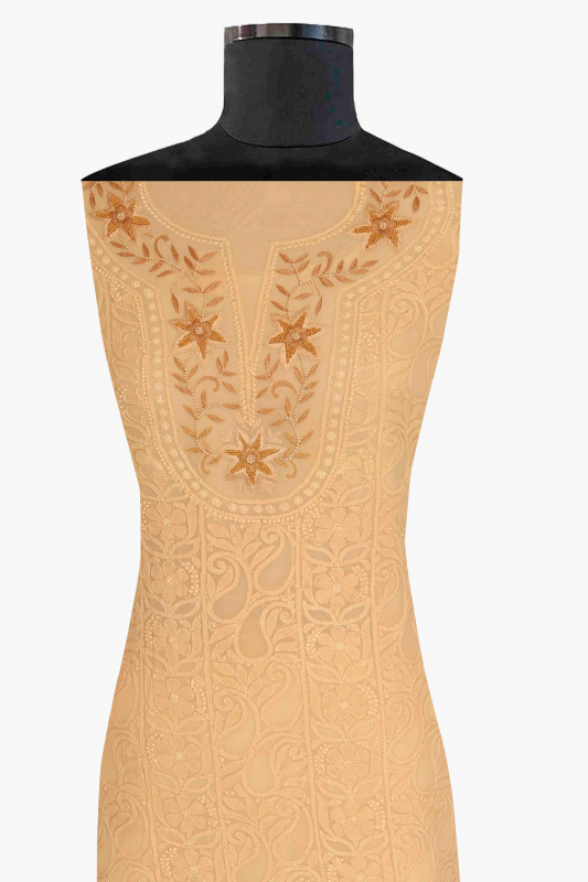 Ada Hand Embroidered Fawn Georgette Lucknowi Chikan Unstitched Kurta Piece-A370783