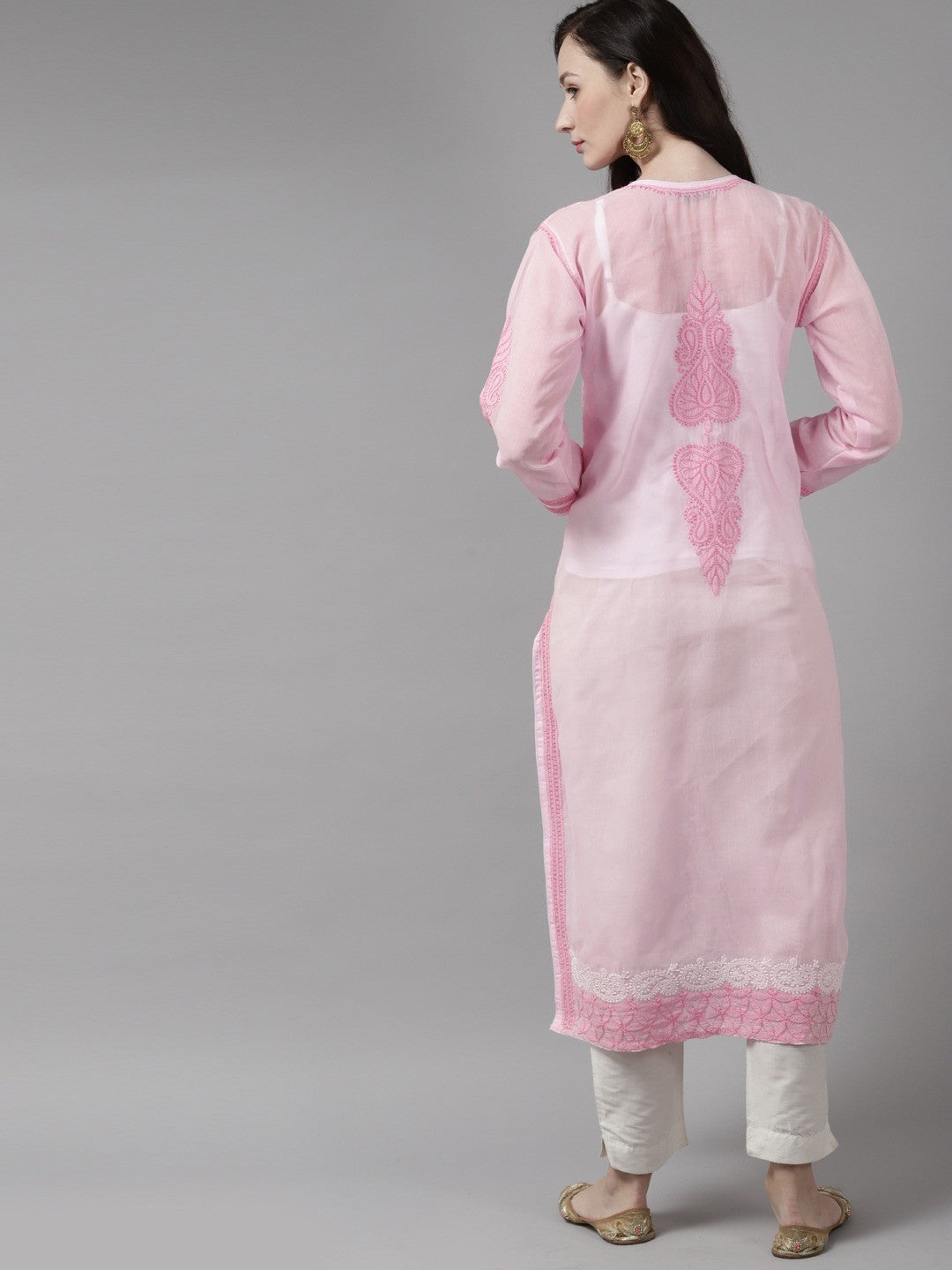 Ada Hand Embroidered Pink Cotton Lucknow Chikan Kurta- A411258