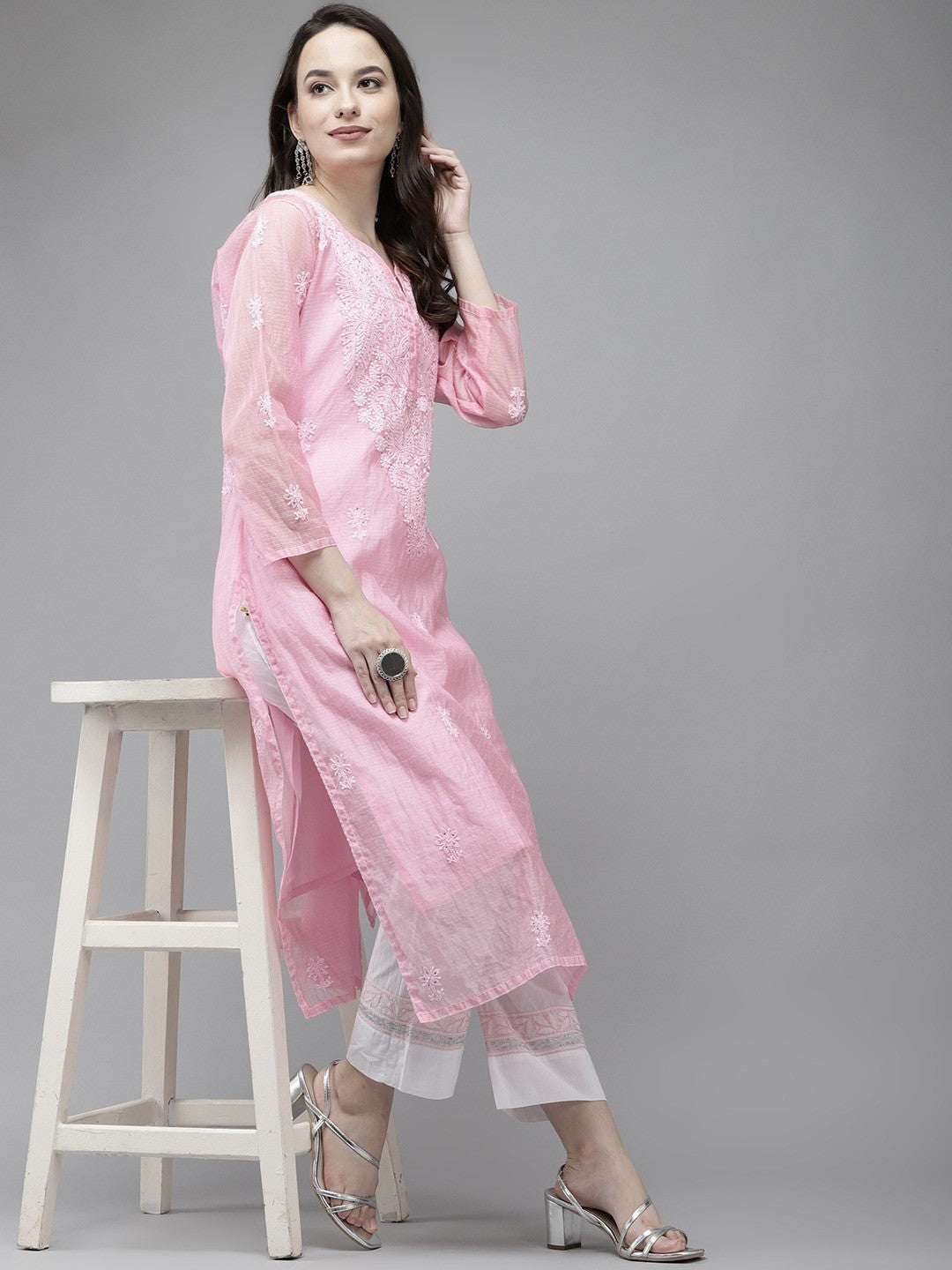Ada Hand Embroidered Pink Kota Lucknow Chikankari Kurta/Slip With Muqaish Work-A411291