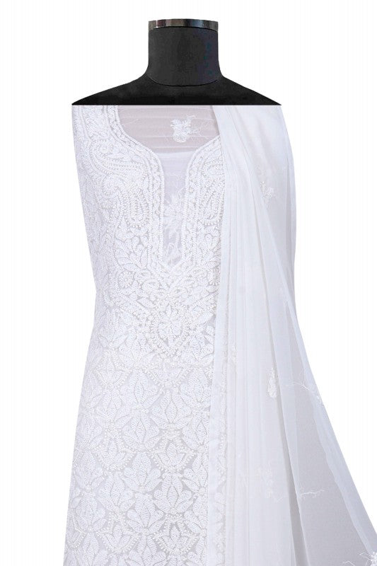 Ada Hand Embroidered White Georgette Lucknowi Chikankari Unstitched Suit Piece With Pearl Work A619183