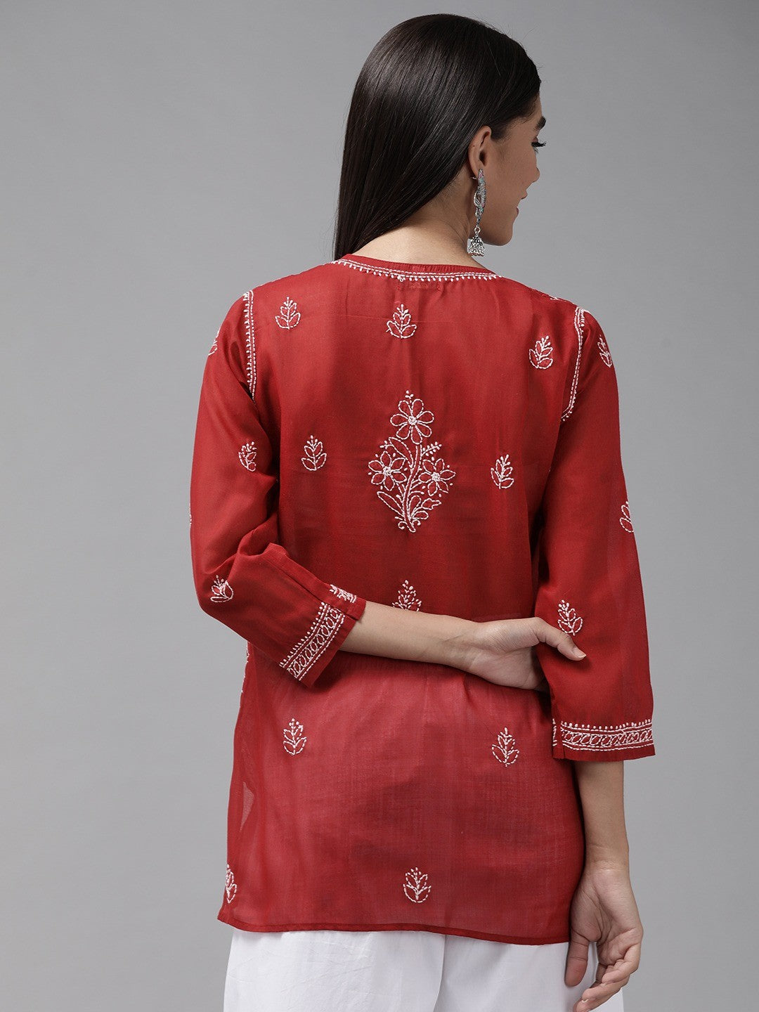 Ada Hand Embroidered Red Cotton Lucknowi Chikankari Straight Kurti A911248