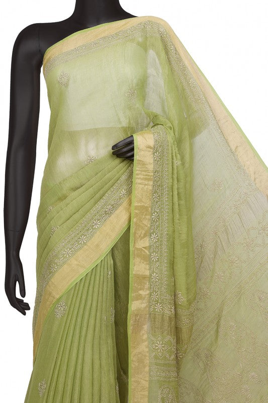 Ada Hand Embroidered Pear Green Tissue Lucknowi Chikankari Saree With Blouse- A615160