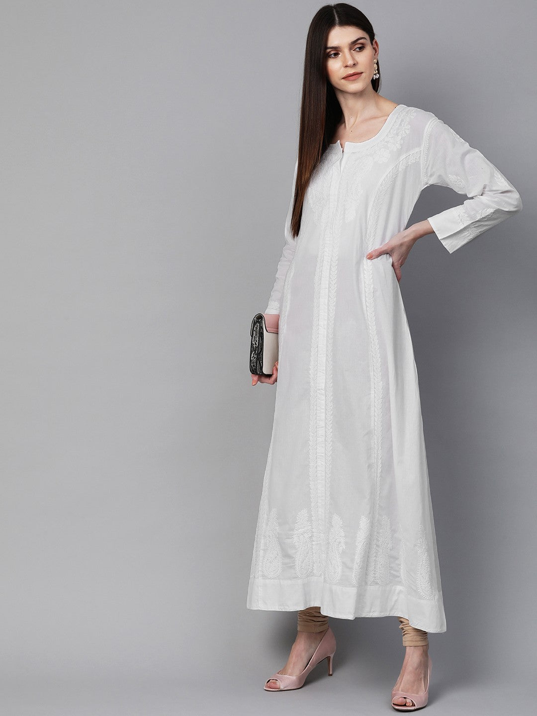 Ada Hand Embroidered White Cotton  Lucknowi Chikankari A-line Kurta A100418
