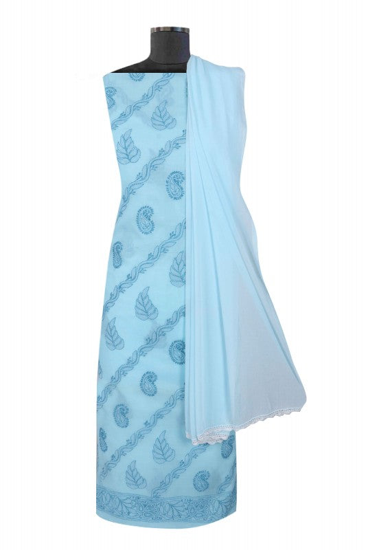 Ada Hand Embroidered Sky Blue Cotton Lucknowi Chikan Unstitched Suit Piece A580733