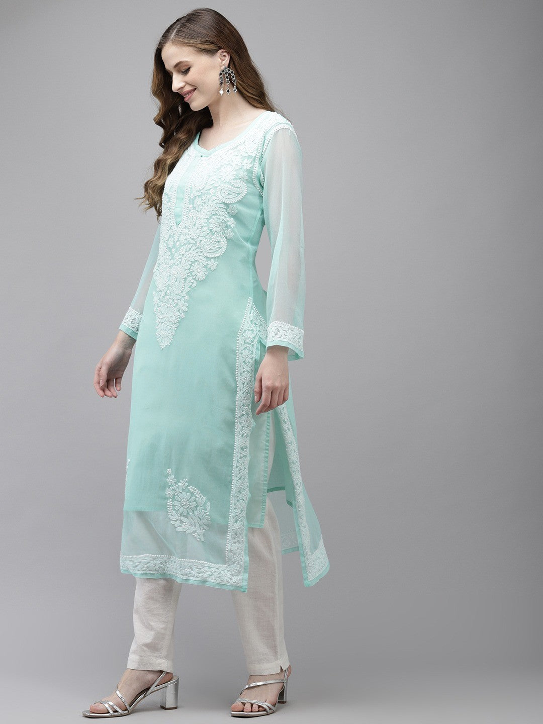 Ada Hand Embroidered Turquoise Blue Georgette Lucknow Chikan Kurta with Slip A411362