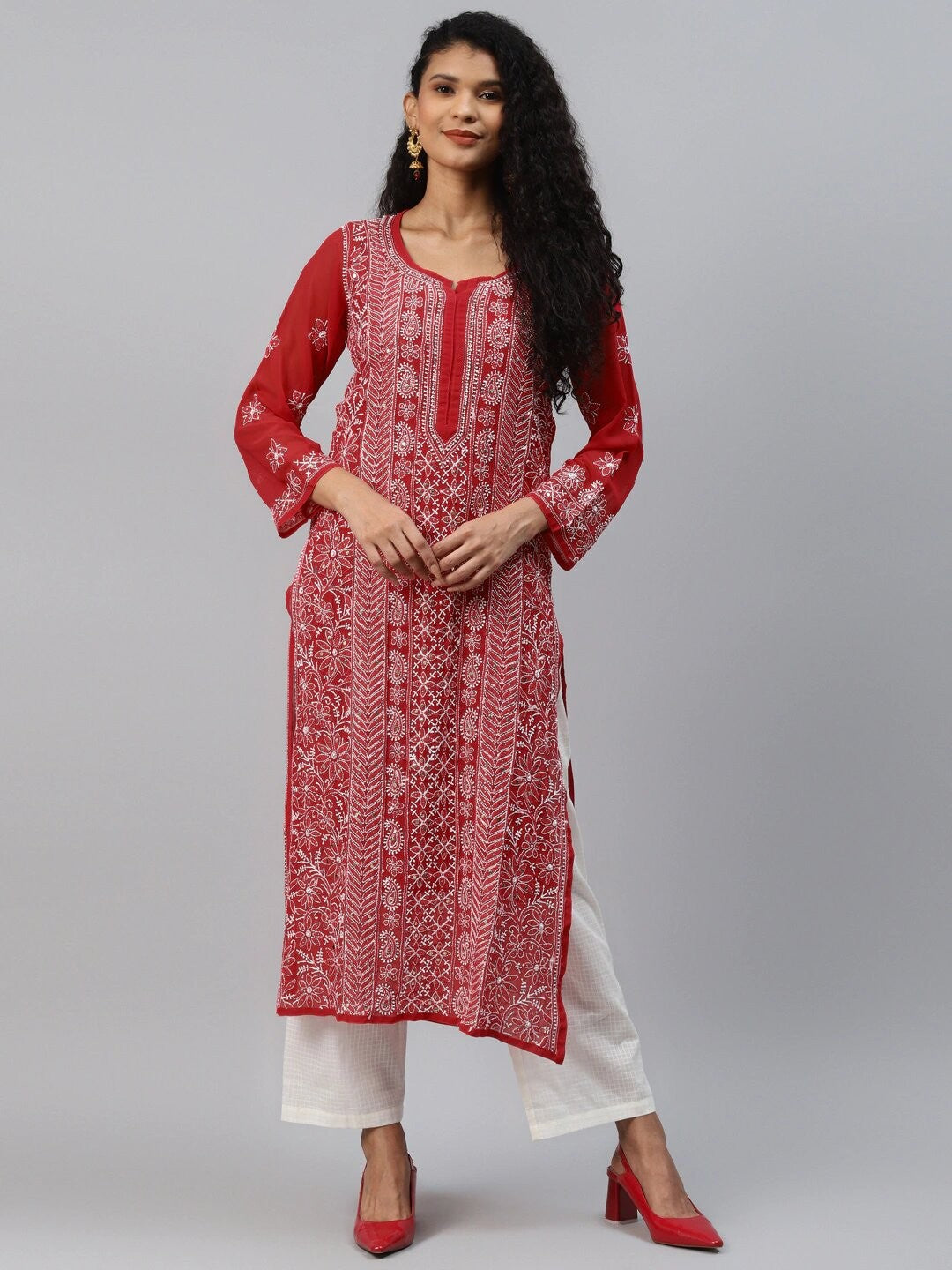 Ada Hand Embroidered Red Georgette Lucknow Chikankari Straight Kurta/Slip with Muqaish Work A411219