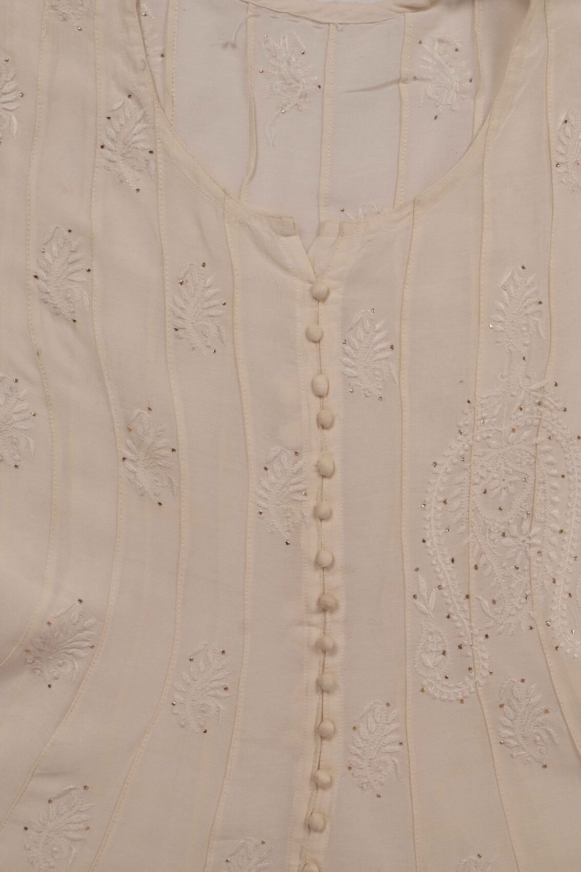 Ada Hand Embroidered Cream Chanderi Lucknowi Chikankari Unstitched Kurta Piece With Muqaish Work A601073