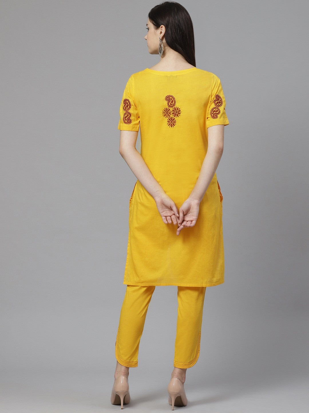 Ada Hand Embroidered Yellow Cotton Lucknowi Chikankari Straight Kurta With Trouser Set A100330
