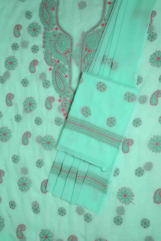 Ada Hand Embroidered Sea Green Georgette Lucknowi Chikan Unstitched Suit Piece A211186
